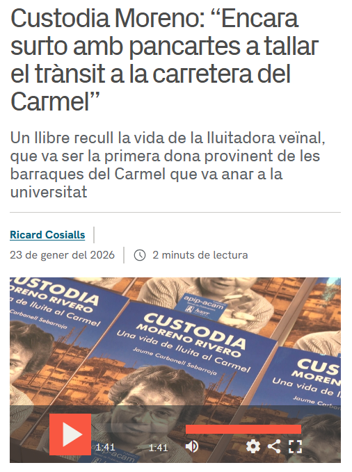 Notícia de la presentació del llibre «Custodia Moreno Rivero. Una vida de lluita al Carmel».